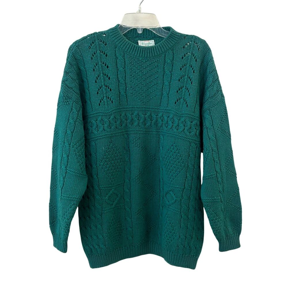 Vintage Benetton Made in Italy Chunky Knit Wool Blend Sweater Green Cable Knit M